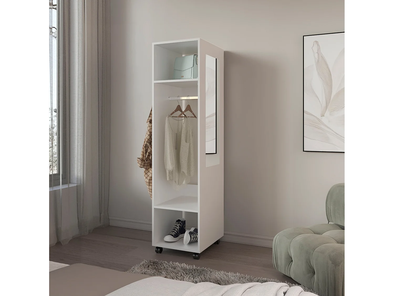 Armário em melamina Kronospan, três prateleiras, varão para roupa e espelho incluídos, Branco, 160 cm X 40 cm X 48 cm