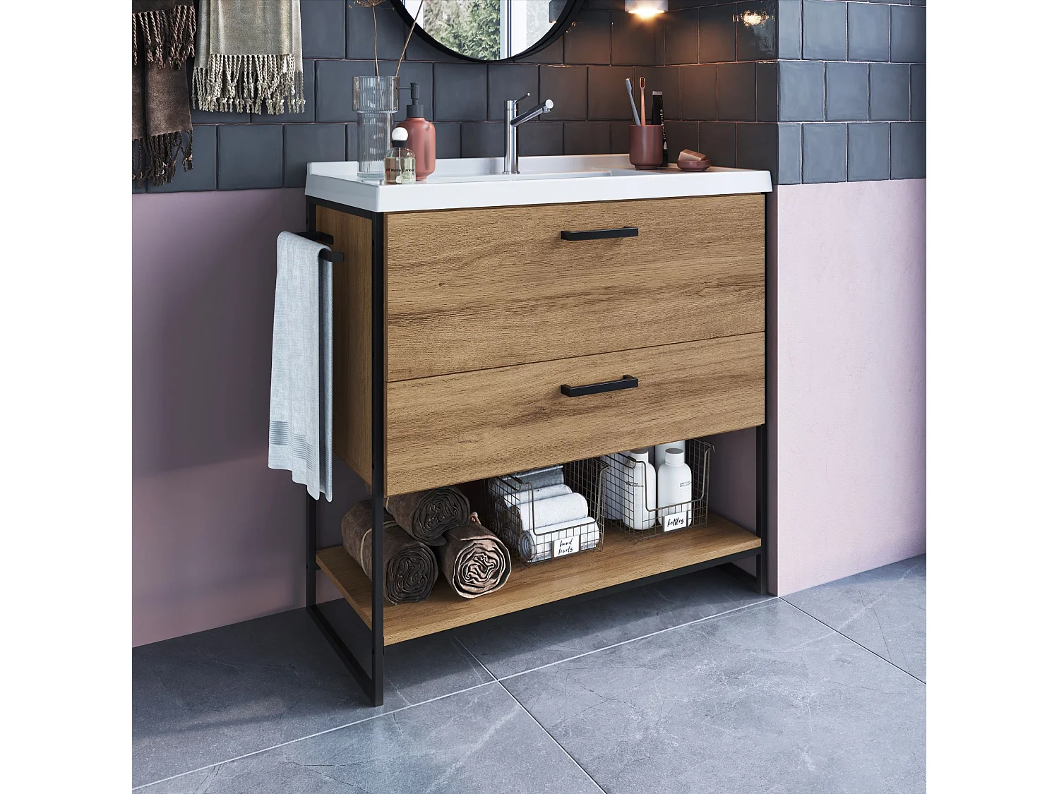 Mueble De Baño 80 Cm Con 2 Cajones Y Encimera Blanco/Miel