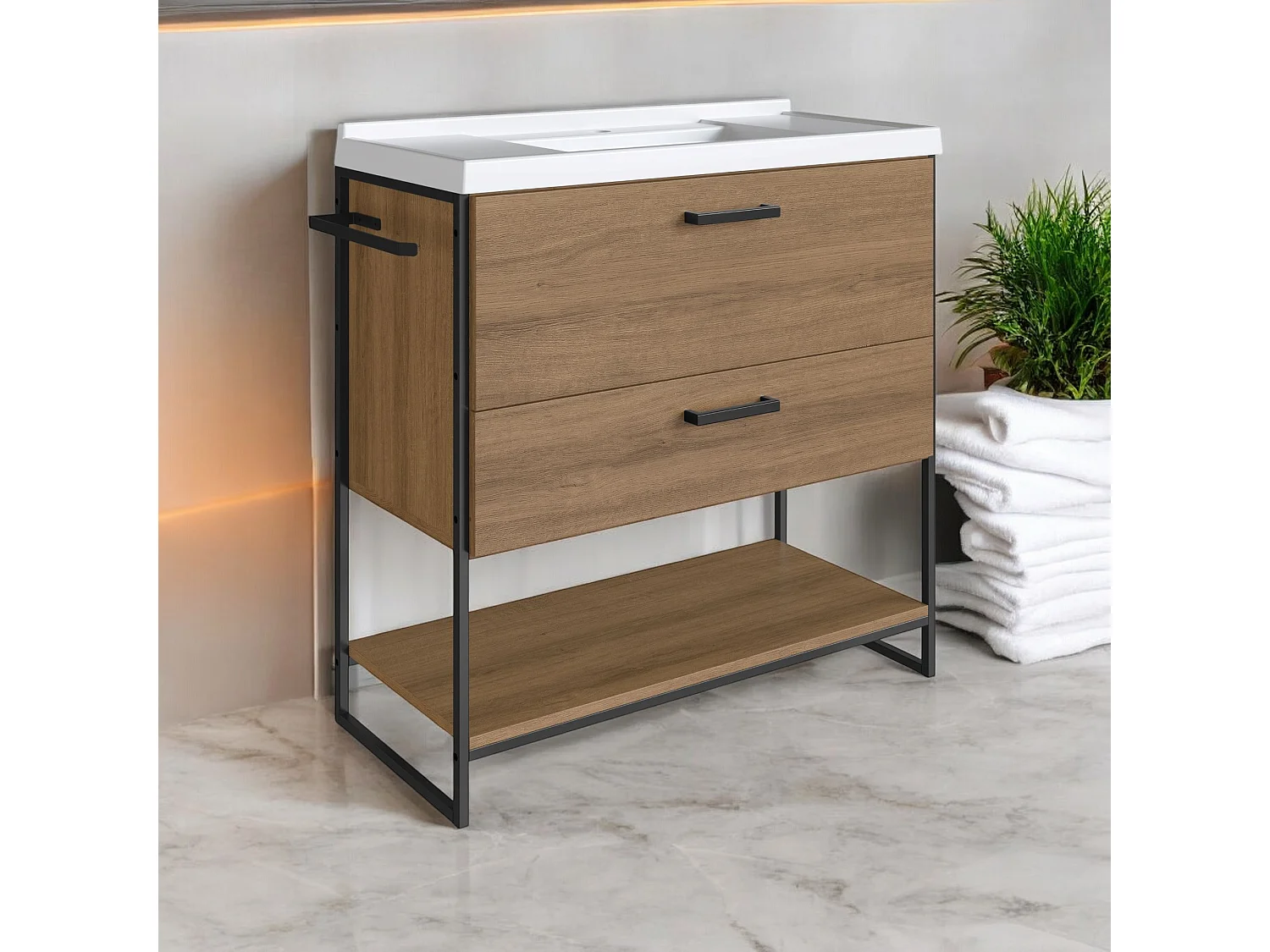 Mueble De Baño 80 Cm Con 2 Cajones Y Encimera Blanco/Miel