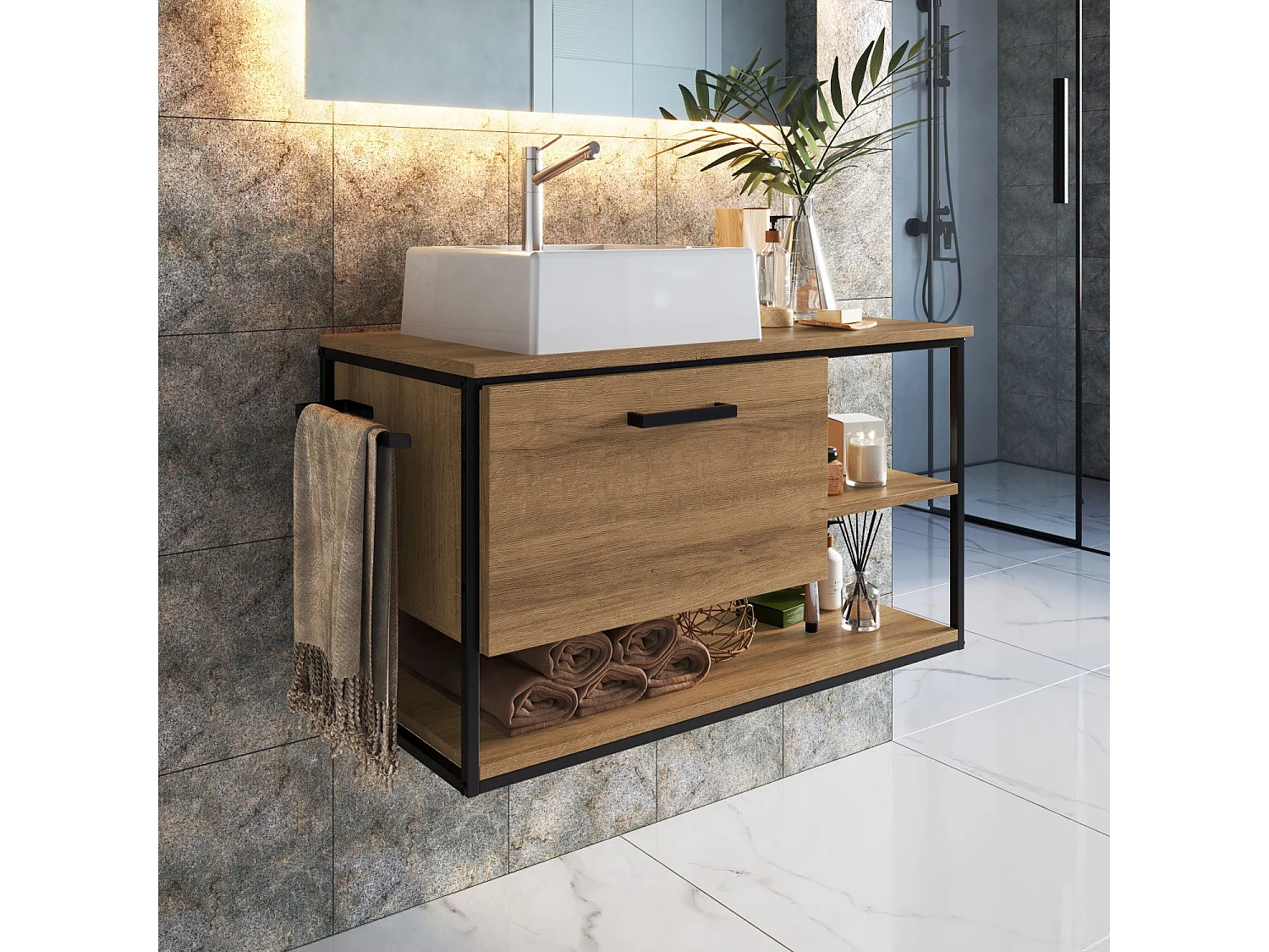 Mueble De Baño Con Encimera 80 Cm Negro/Miel