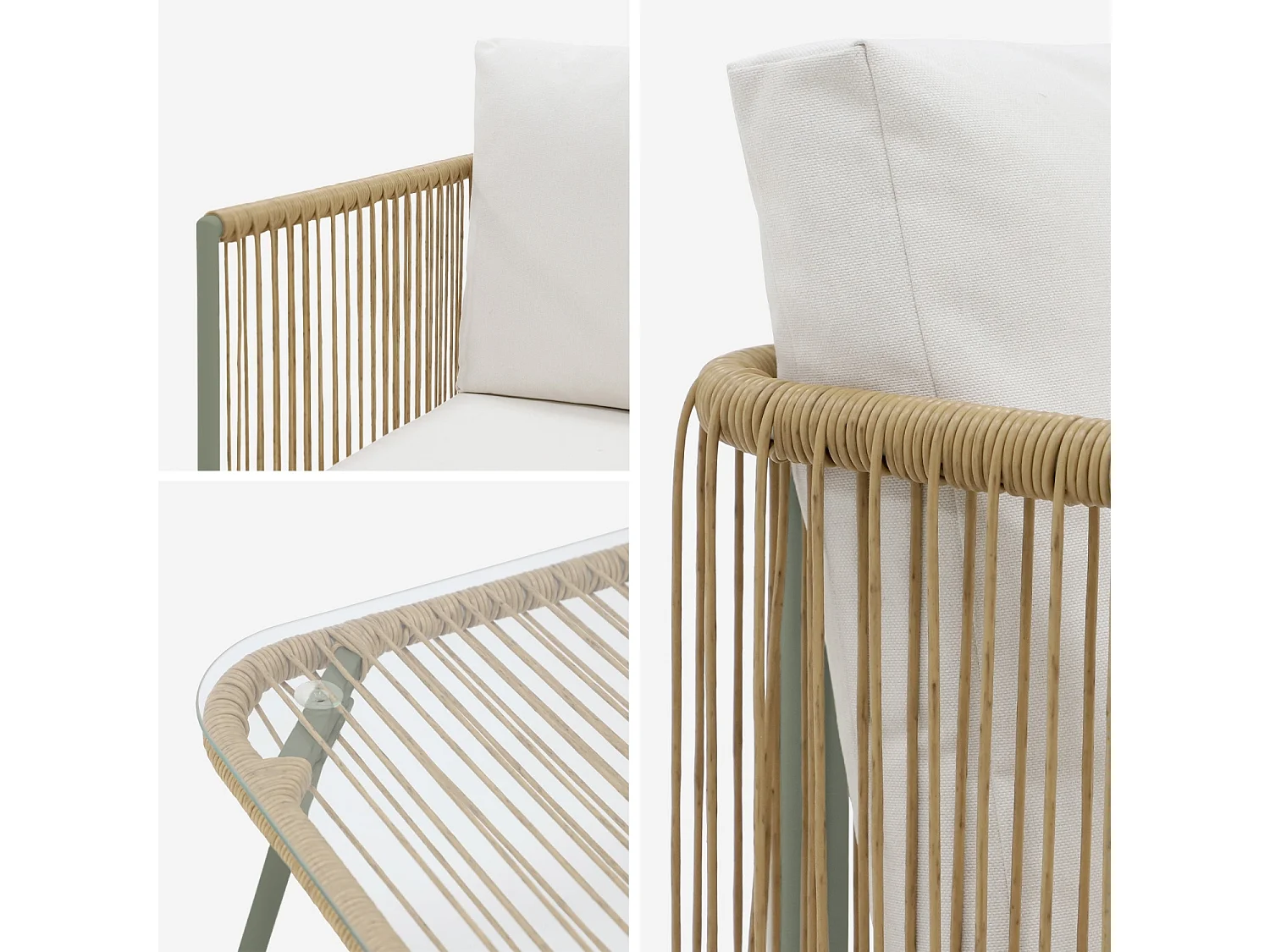 Conjunto de muebles de jardín, ratán y acero de 4 plazas verde kaki