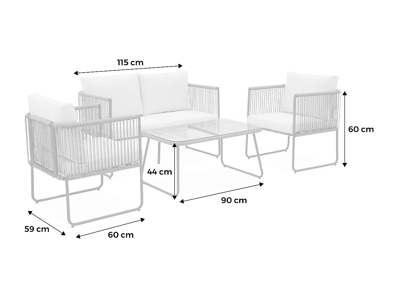 Salon de jardin en corde résine plastique et acier galvanisé. table basse en verre trempé. 4 places. L 115 x 60 x 68cm