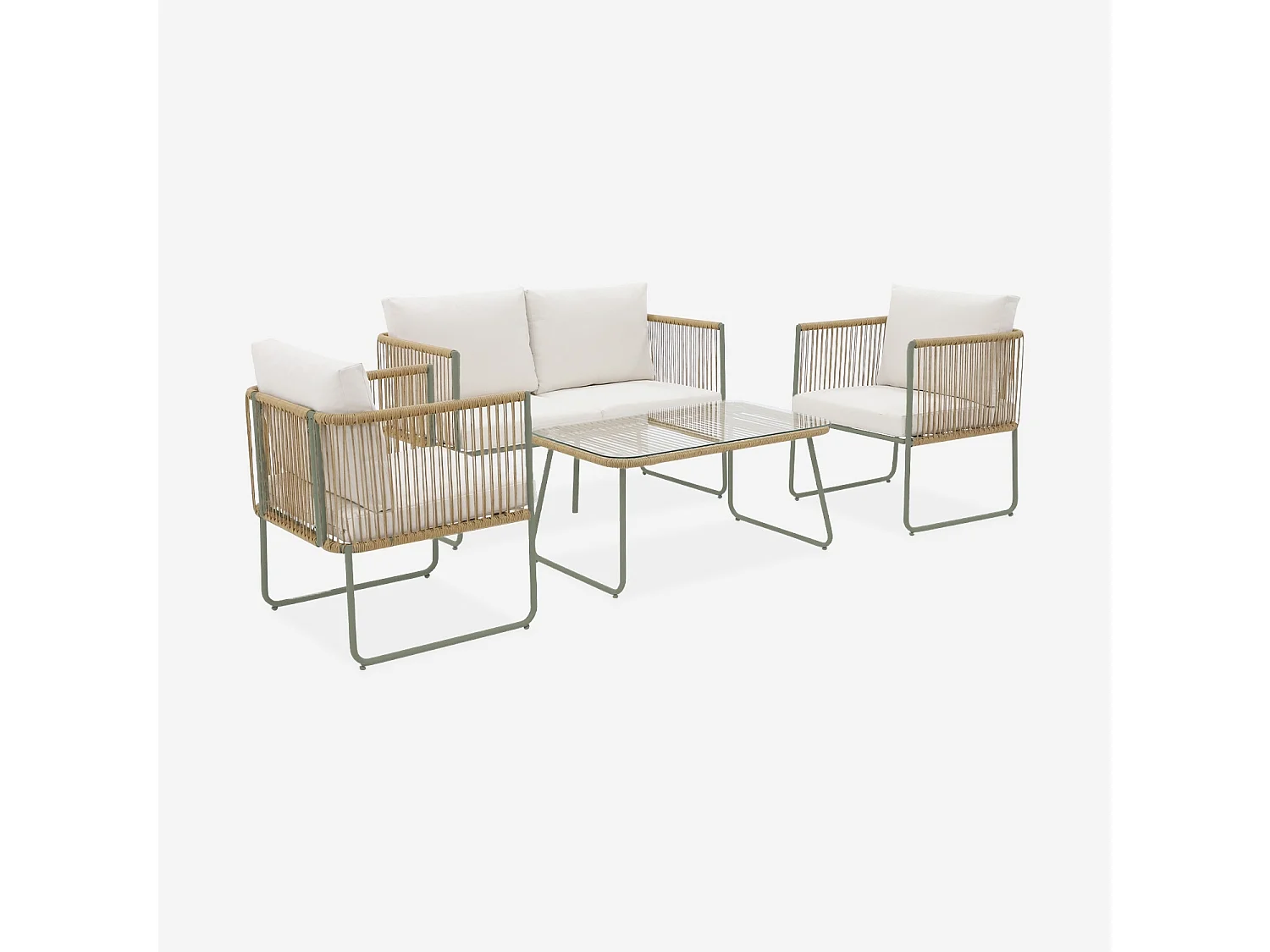 Conjunto de jardín, ratán y acero, 4 plazas verde kaki