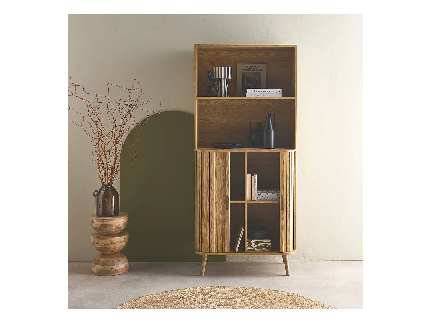 Estantería escandinavo, 2 puertas correderas, 4 niveles natural