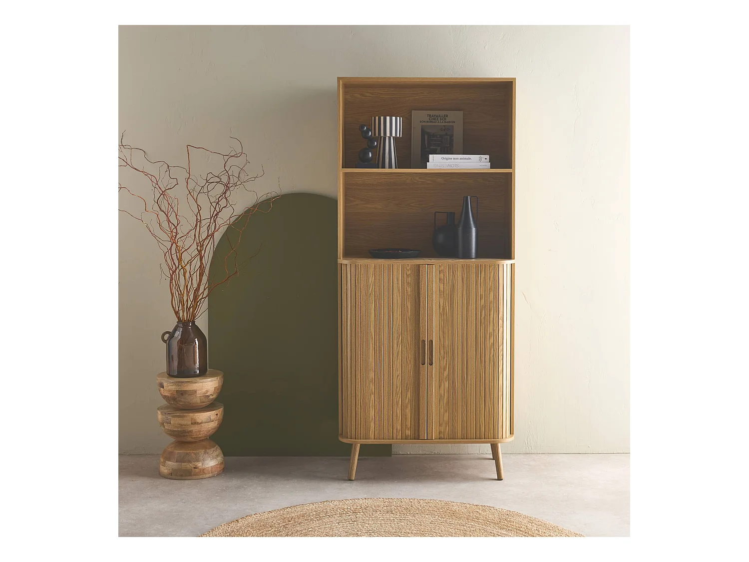 Estantería escandinavo, 2 puertas correderas, 4 niveles natural