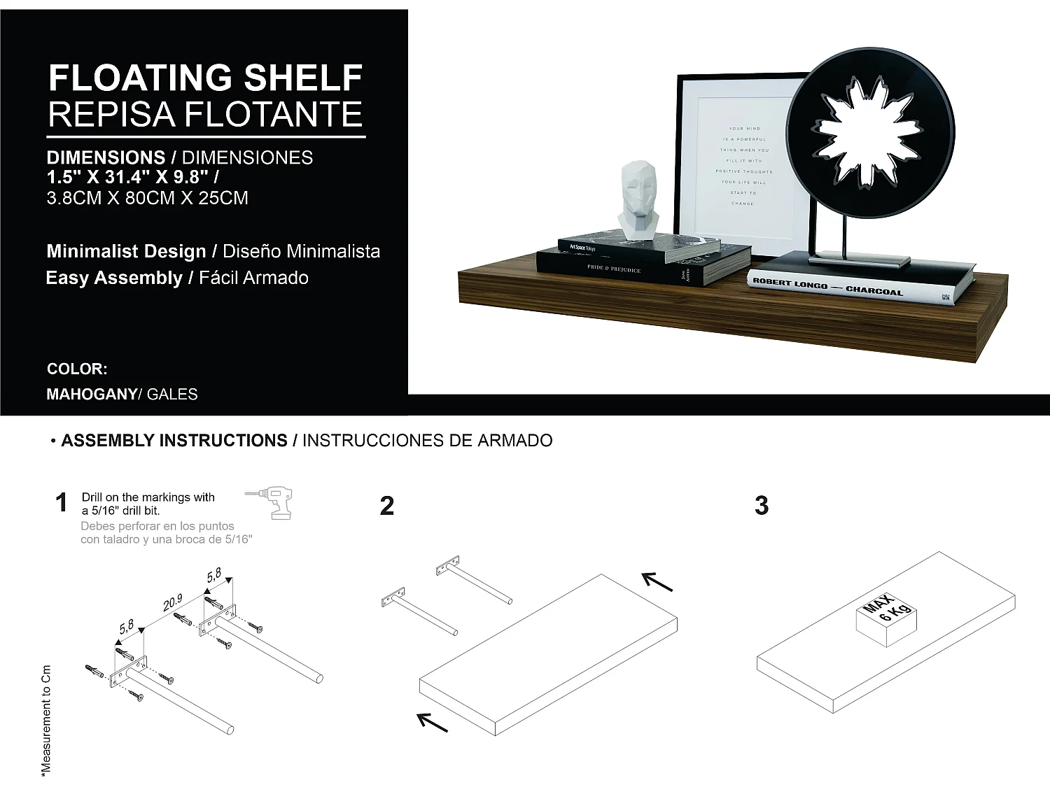 Estante flotante gales en melamina con 2 estantes , 3.8 cm  X 80 cm  X 25 cm