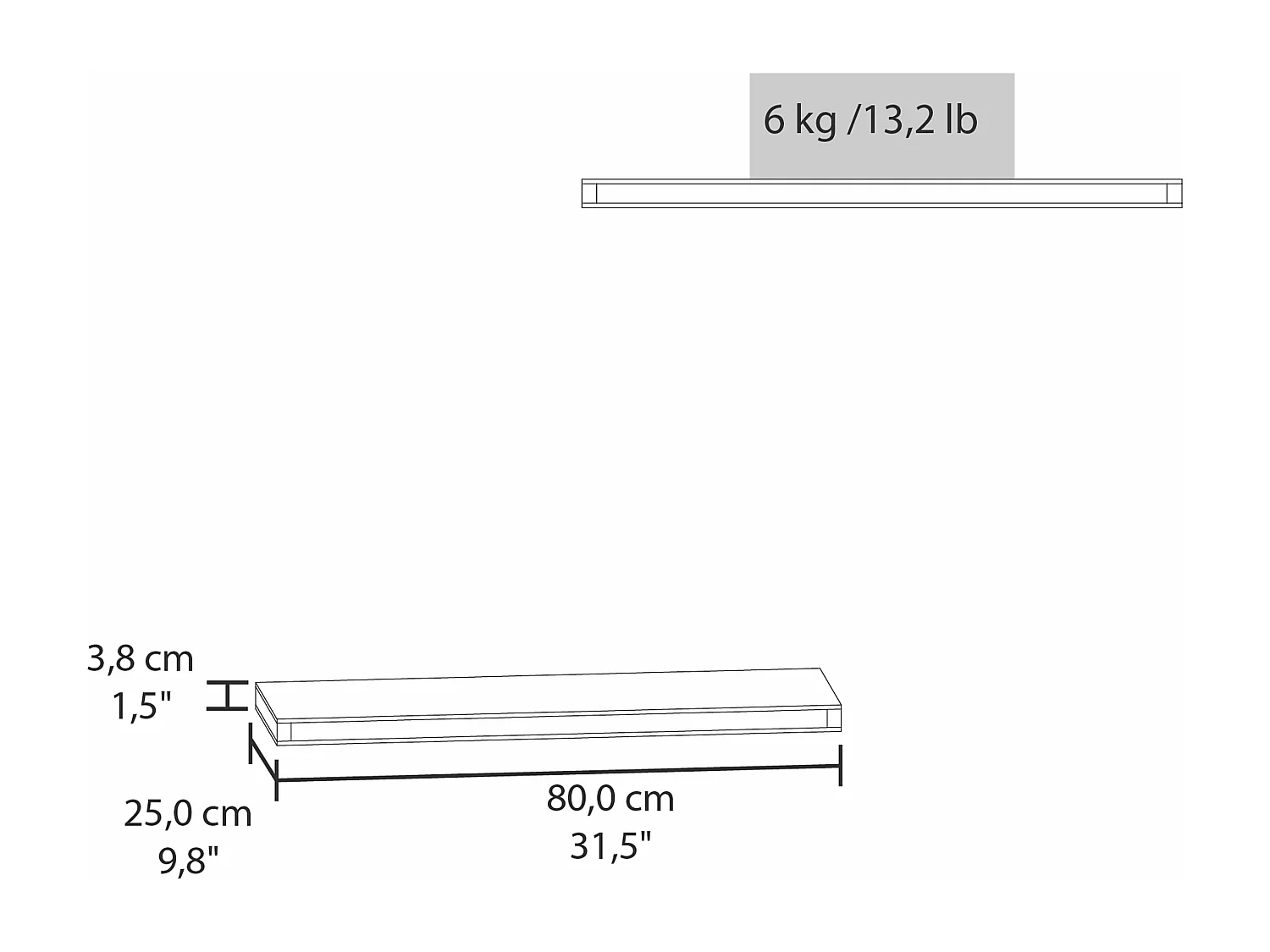 Estante flotante blanco en melamina con 2 estantes , 3.8 cm  X 80 cm  X 25 cm
