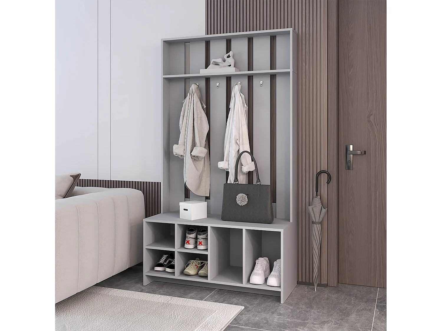 Disimpegno in melaminico tulcano con 8 ripiani e 4 ganci per appendere gli abiti , Grigio , 172,6 cm X 96,8 cm X 39,3 cm