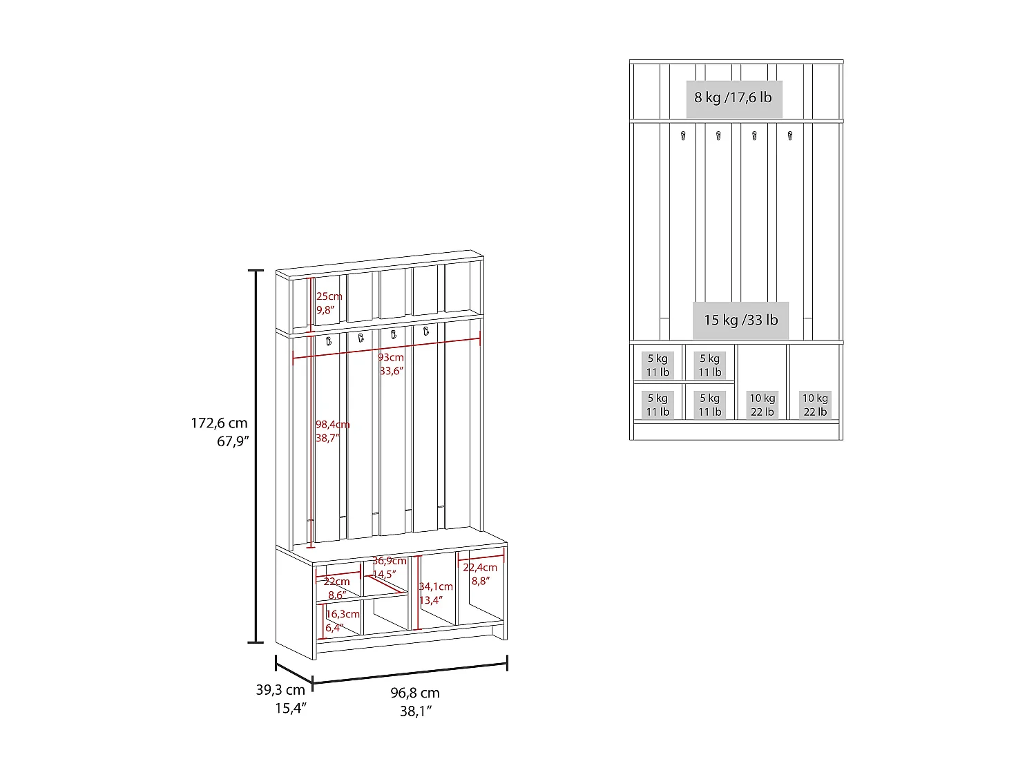 Couloir tulcan en mélamine avec 8 étagères et 4 crochets pour suspendre les vêtements , Gris , 172.6 cm X 96.8 cm X 39.3 cm