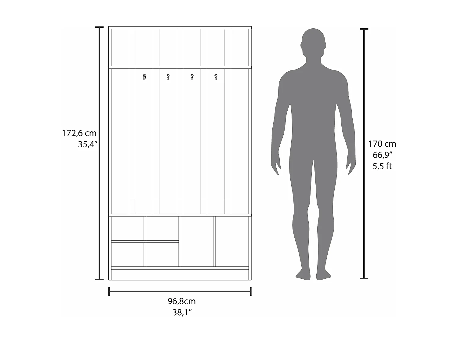 Couloir tulcan en mélamine avec 8 étagères et 4 crochets pour suspendre les vêtements , Gris , 172.6 cm X 96.8 cm X 39.3 cm