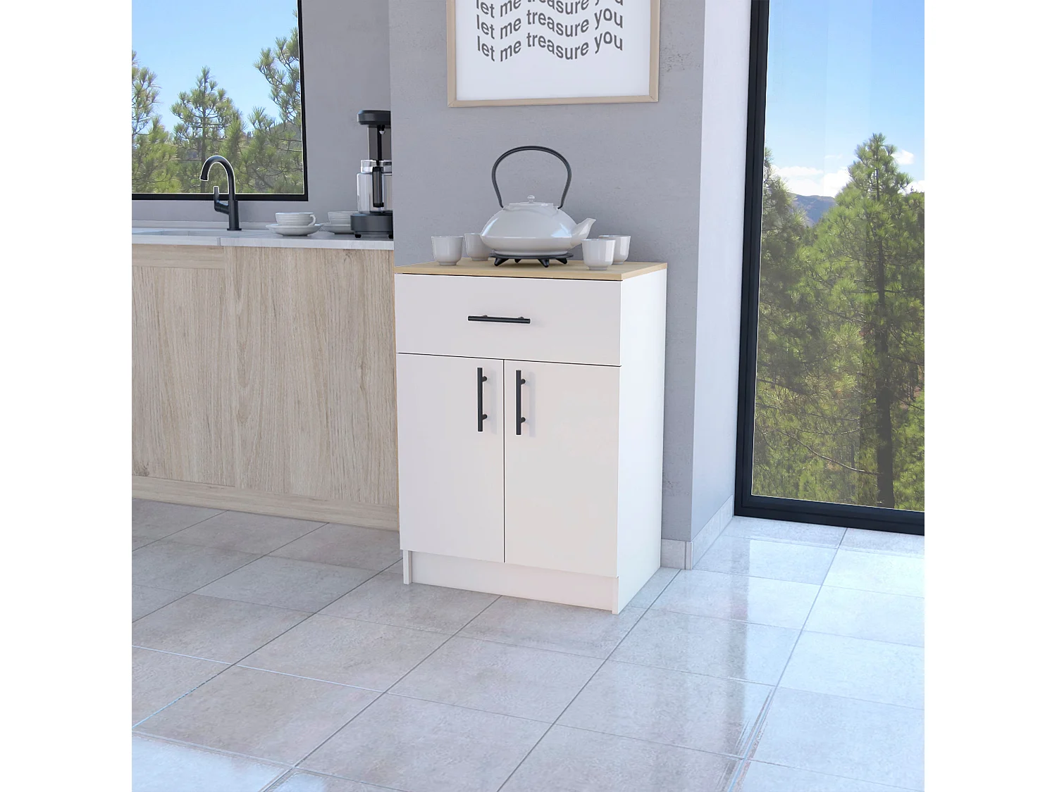 Armoire Mayorca en mélaminé avec 2 portes, 2 étagères et tiroir avec rails métalliques, Blanc / Beige , 85.1 cm X 60 cm X 40.5 cm