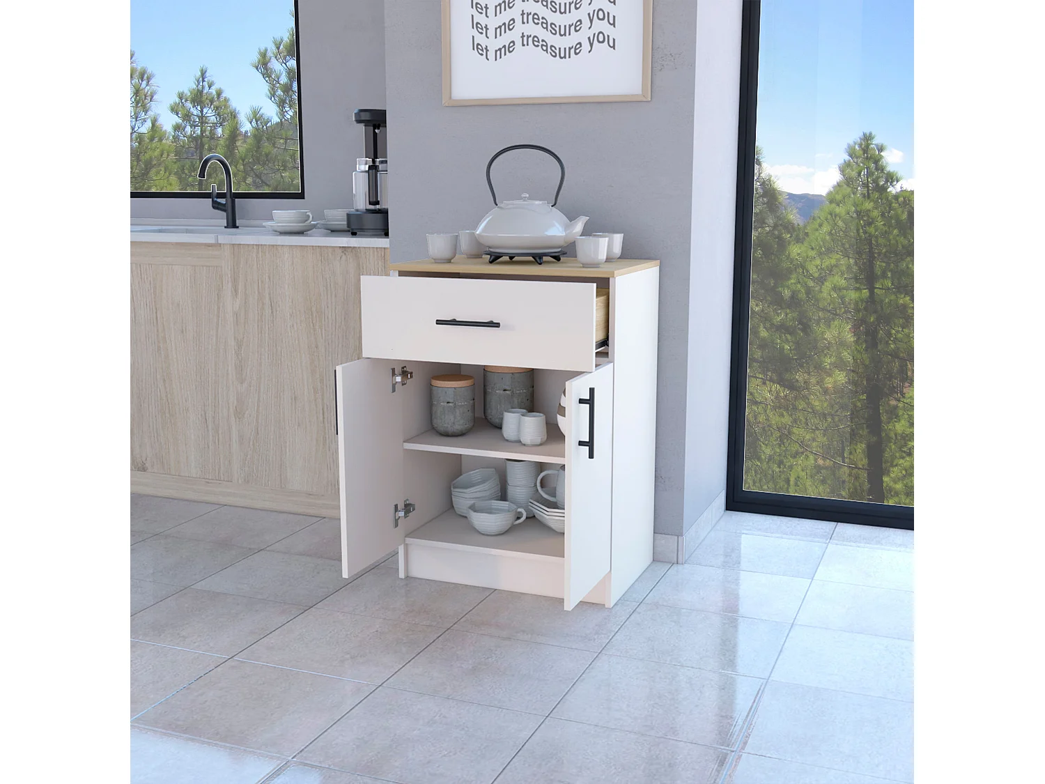 Armoire Mayorca en mélaminé avec 2 portes, 2 étagères et tiroir avec rails métalliques, Blanc / Beige , 85.1 cm X 60 cm X 40.5 cm