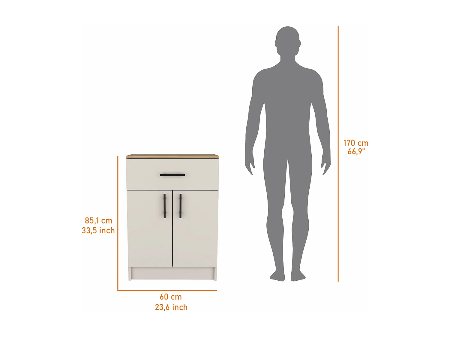 Armoire Mayorca en mélaminé avec 2 portes, 2 étagères et tiroir avec rails métalliques, Blanc / Beige , 85.1 cm X 60 cm X 40.5 cm