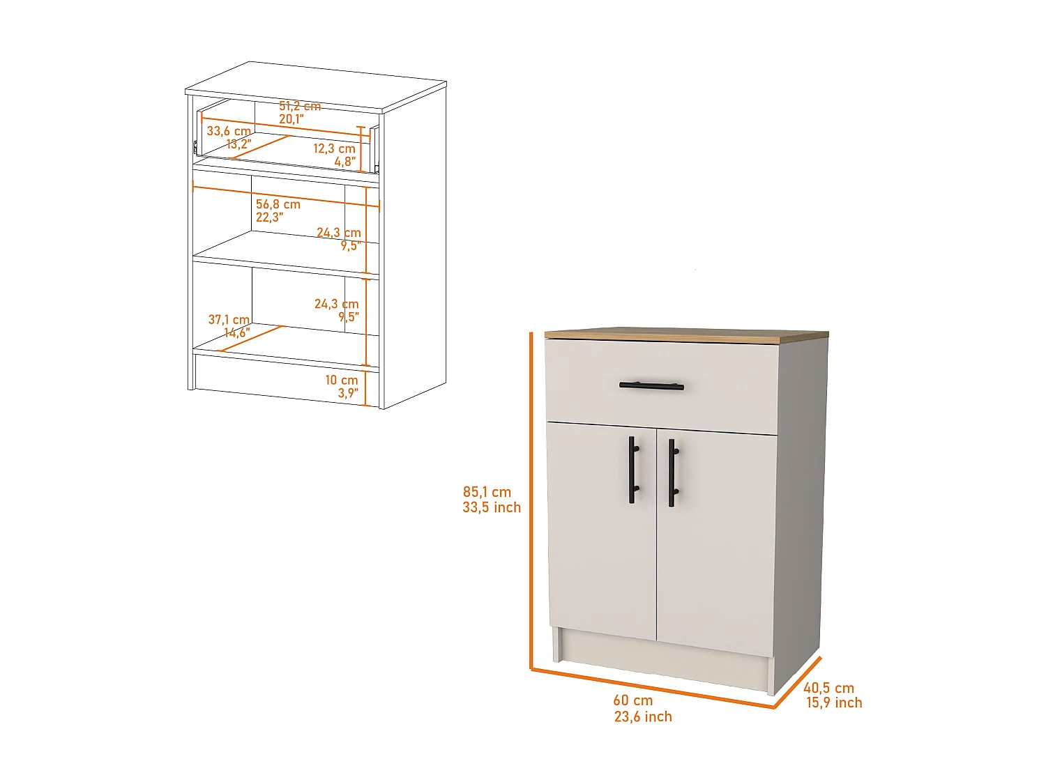 Alacena Mayorca en melamina con 2 puertas , 2 estantes y cajon con rieles metalicos , Blanco / Beige , 85.1 cm X 60 cm X 40.5 cm