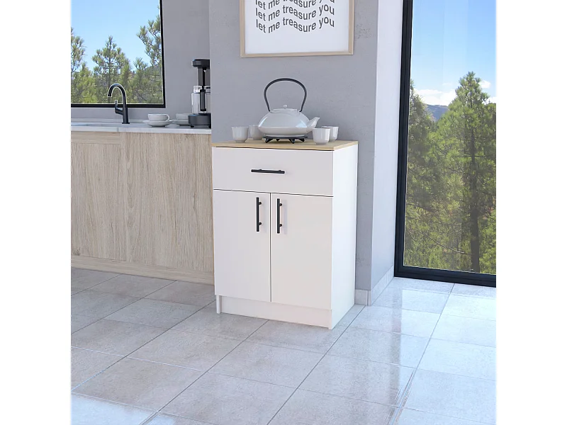 Alacena Mayorca en melamina con 2 puertas , 2 estantes y cajon con rieles metalicos , Blanco / Beige , 85.1 cm X 60 cm X 40.5 cm