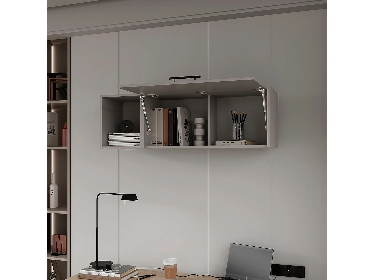 Pensile in melaminico con 3 ripiani e anta superiore a battente , Grigio , 37,8 cm X 119,9 cm X 33 cm