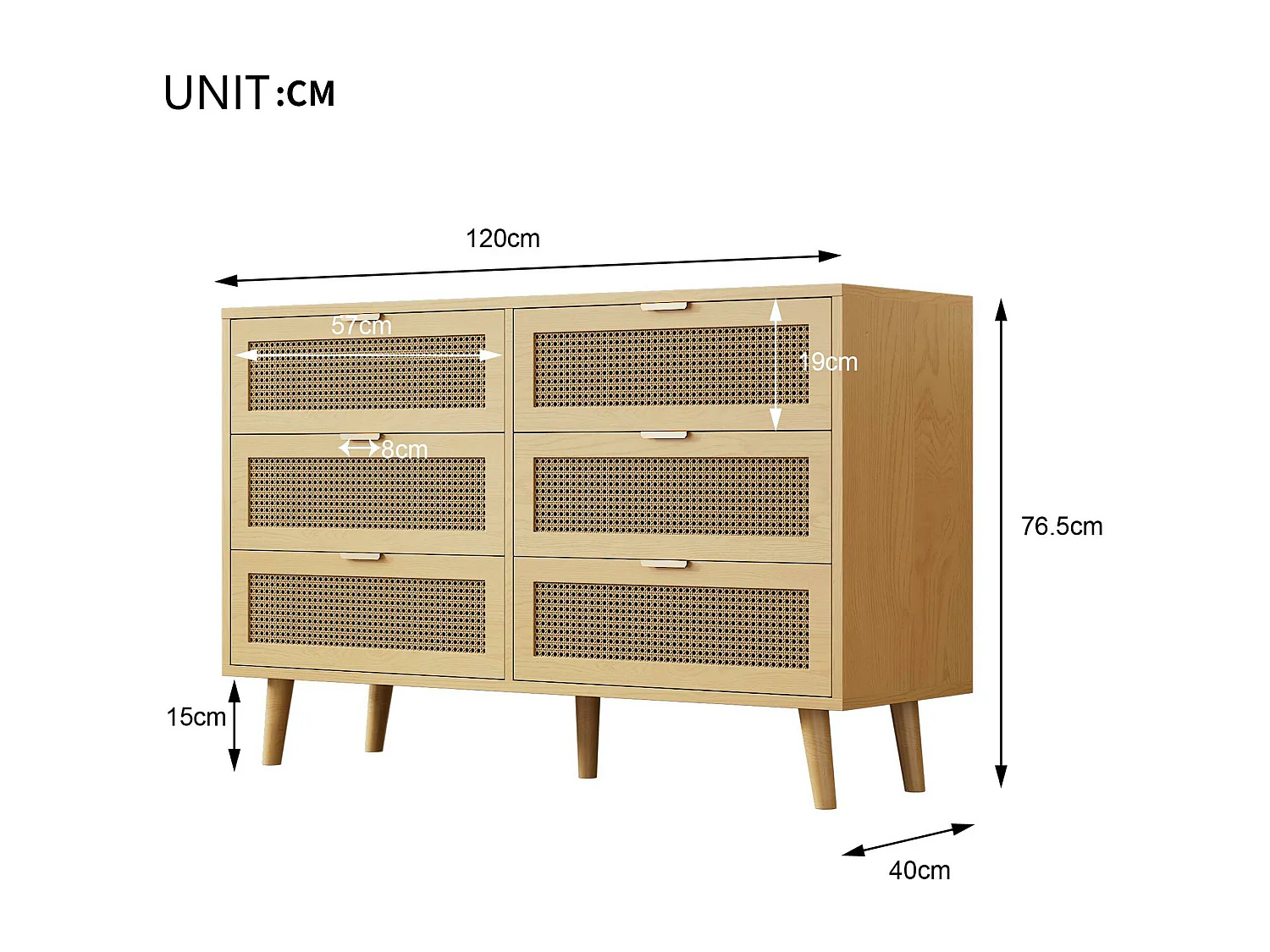 Buffet bas - avec 6 tiroirs - Naturel clair