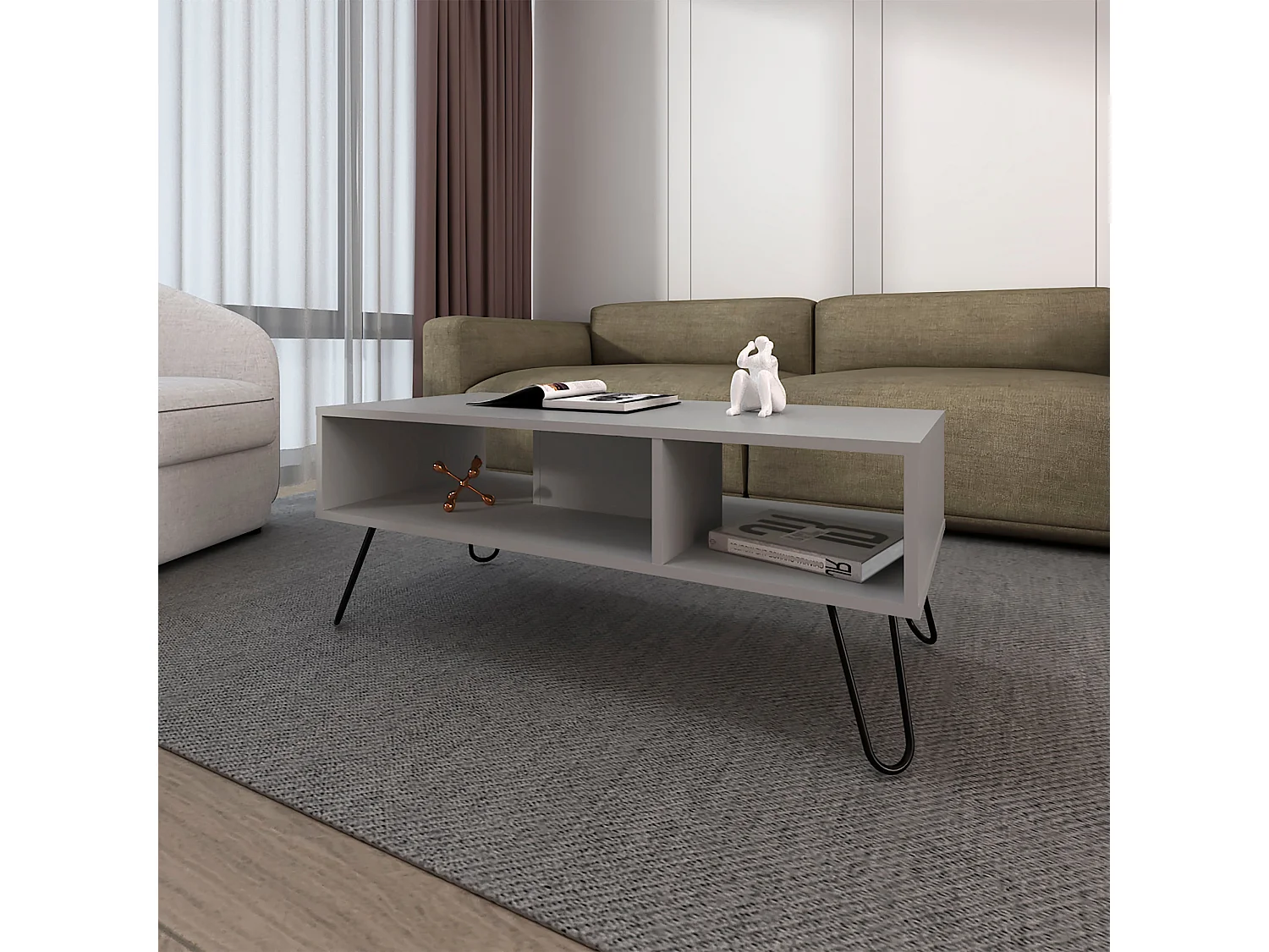 Table centrale Genoa en mélamine avec 3 étagères , Gris , 40 cm X 101.1 cm X 45 cm