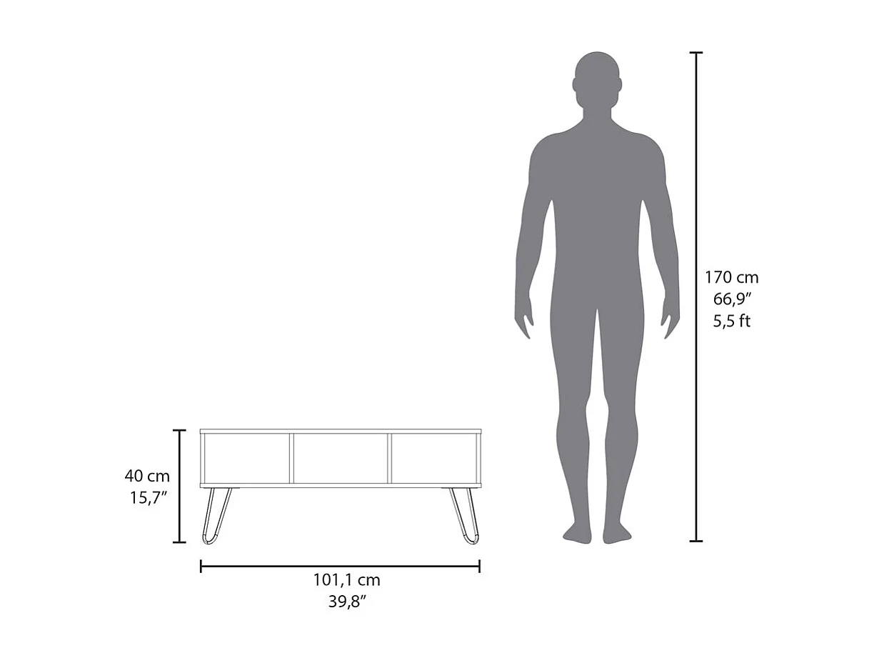 Table centrale Genoa en mélamine avec 3 étagères , Gris , 40 cm X 101.1 cm X 45 cm