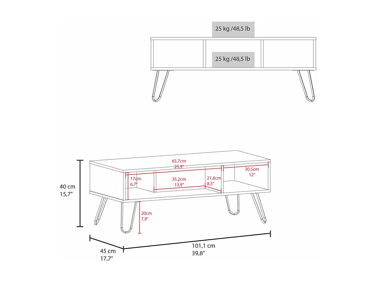 Tavolo centrale Genoa in melaminico con 3 ripiani , Grigio , 40 cm X 101,1 cm X 45 cm