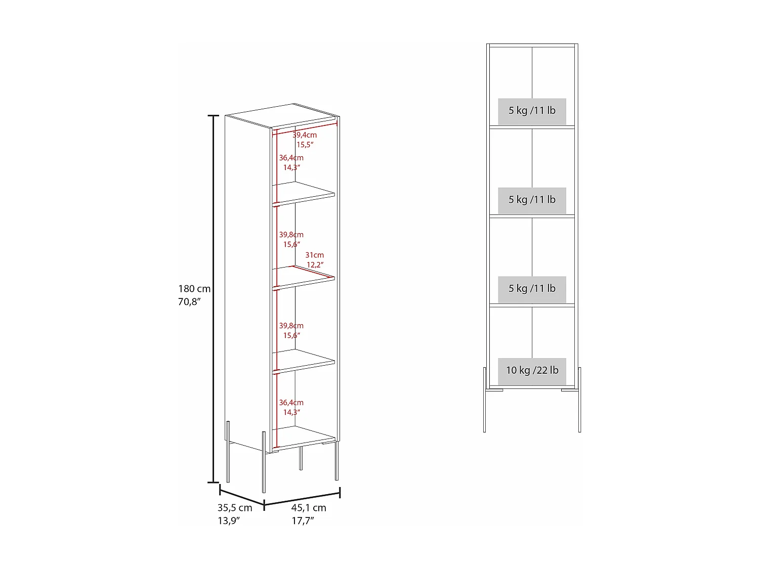 Columna de baño Sealy en melamina con 2 puertas y 4 estantes , Plomo , 180 cm X 45.1 cm X 35.5 cm