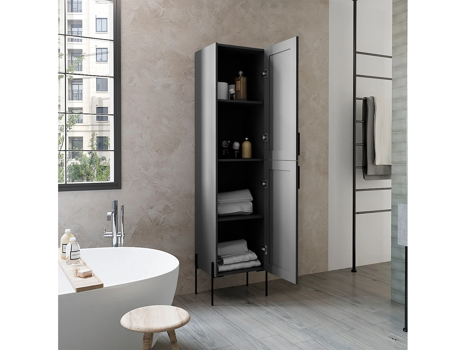 Columna de baño Sealy en melamina con 2 puertas y 4 estantes , Plomo , 180 cm X 45.1 cm X 35.5 cm