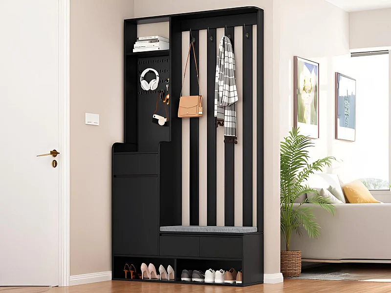 Wielofunkcyjna szafa wejściowa - z wieszakiem i ławką do przechowywania butów - MDF - Czarny