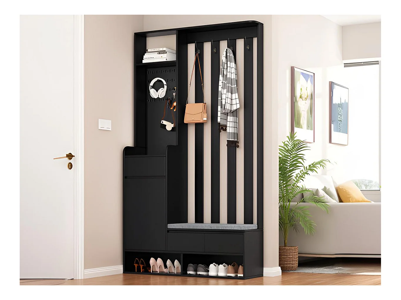 Multifunktionaler Eingangsschrank – mit Garderobe und Schuhbank – MDF – Schwarz