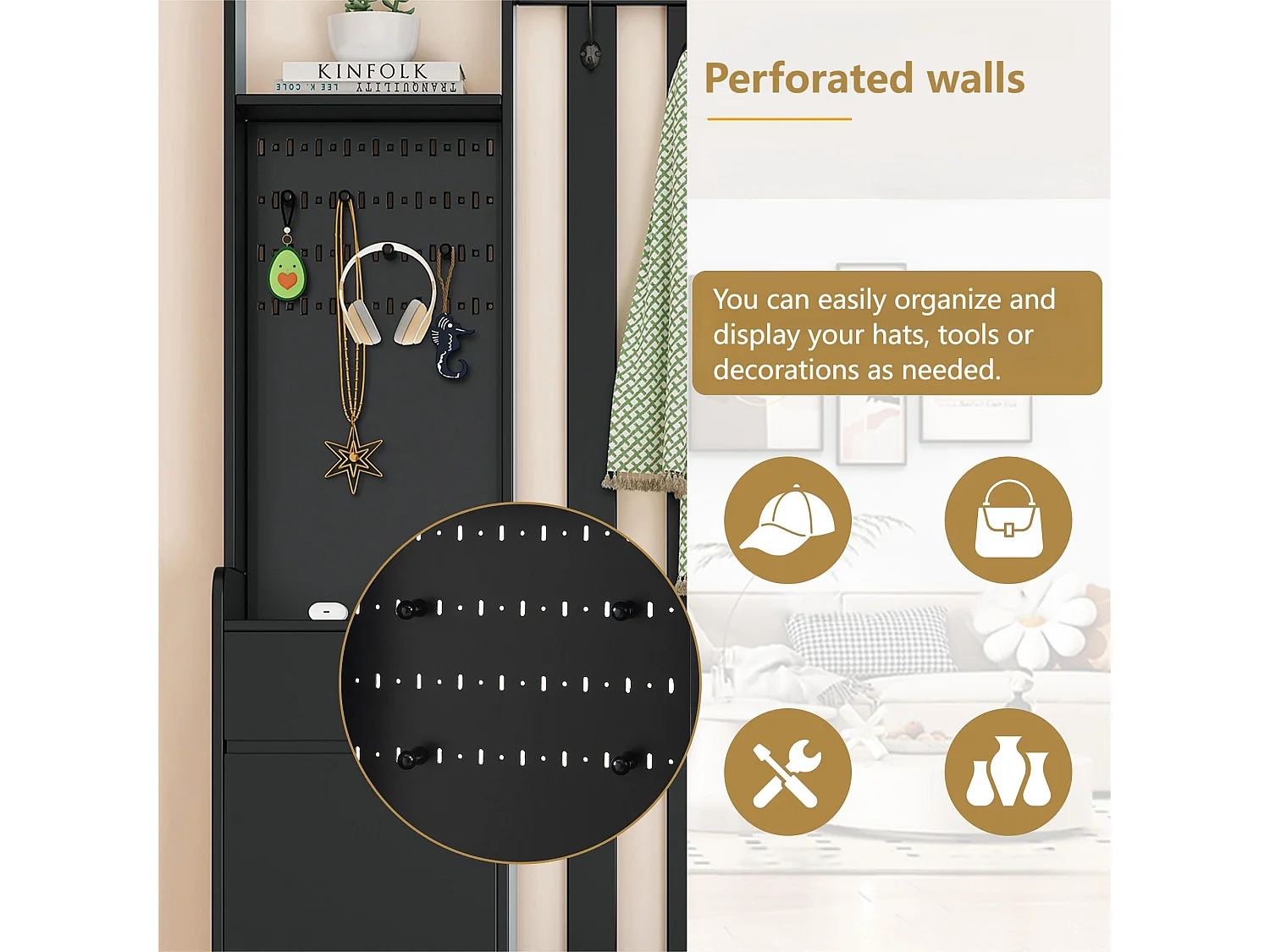 Multifunktionaler Eingangsschrank – mit Garderobe und Schuhbank – MDF – Schwarz