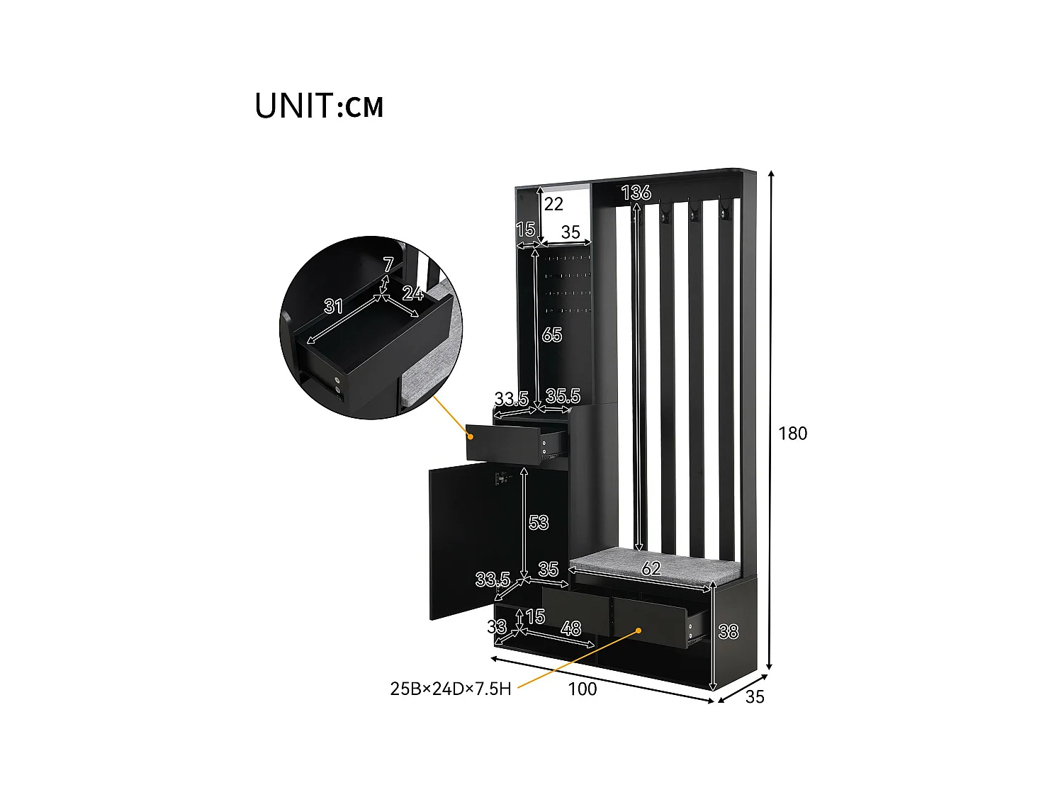 Multifunktionaler Eingangsschrank – mit Garderobe und Schuhbank – MDF – Schwarz