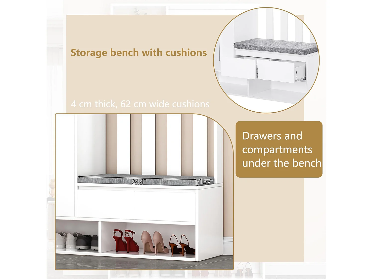 Vestiaire d'entrée multifonctionnel - avec porte-manteau et banc de rangement à chaussures - MDF - Blanc