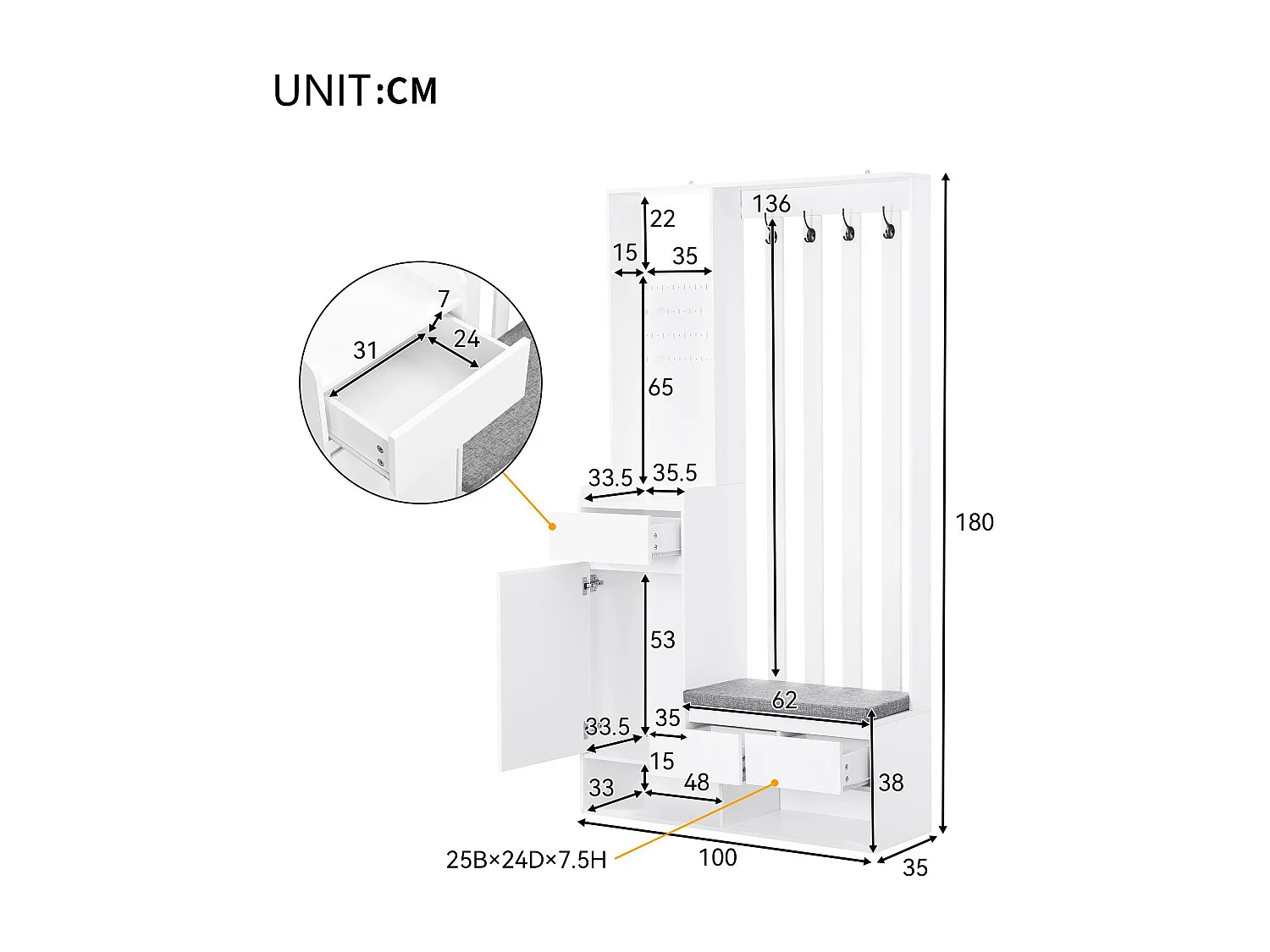 Vestiaire d'entrée multifonctionnel - avec porte-manteau et banc de rangement à chaussures - MDF - Blanc