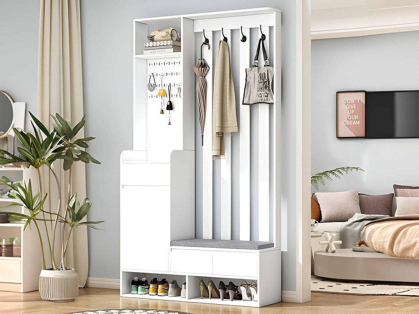 Meuble Entrée Blanc Avec Banc, Miroir, étagère à Chaussures - 100x40x180cm, MDF, Gain De Place Pour Couloir