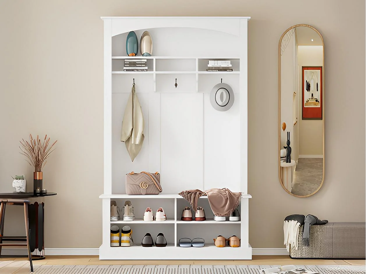 Vestiaire d'entrée avec porte-manteau et banc de rangement à chaussures - 120x40x190 cm - Blanc