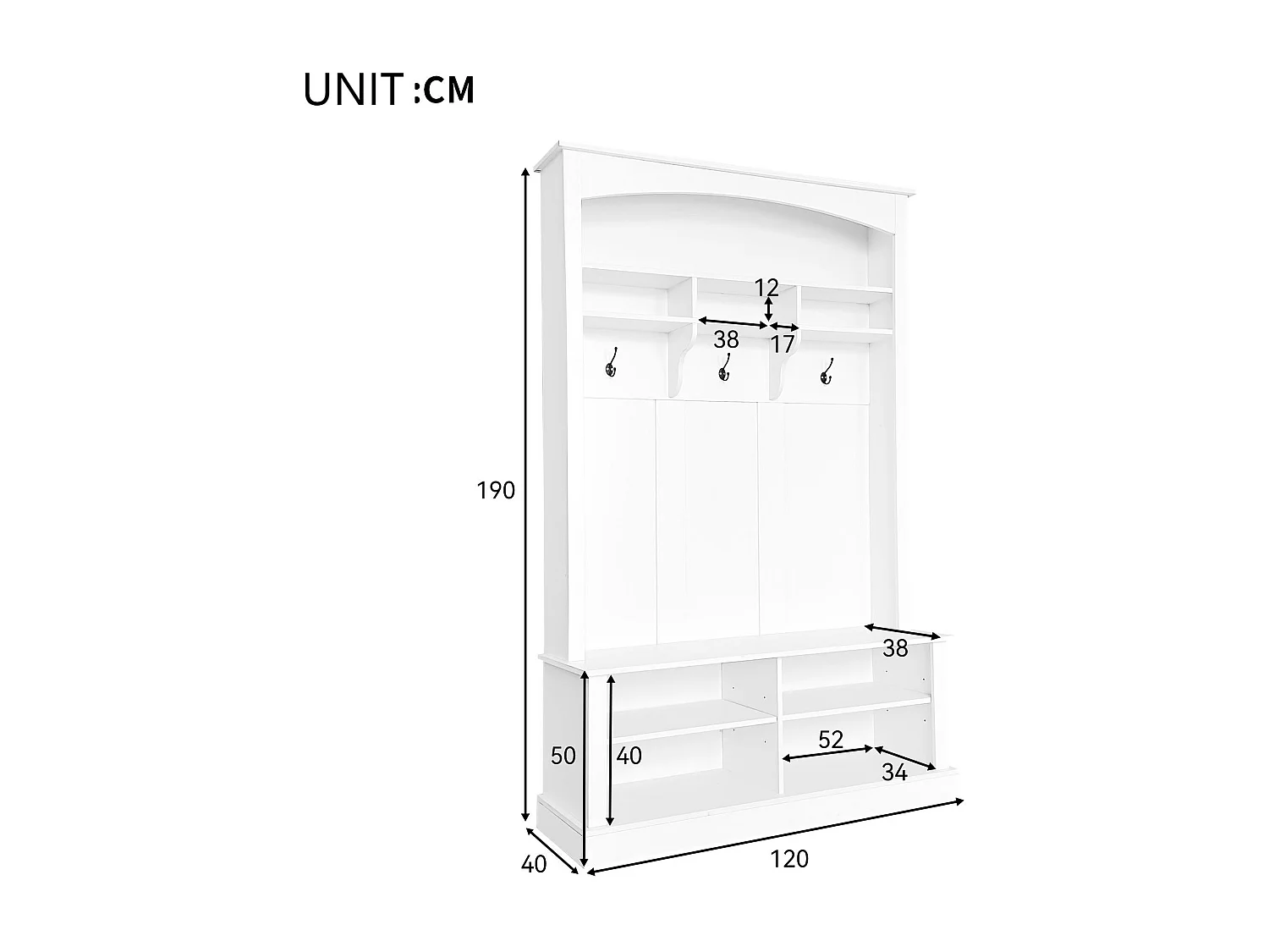 Vestiaire d'entrée avec porte-manteau et banc de rangement à chaussures - 120x40x190 cm - Blanc