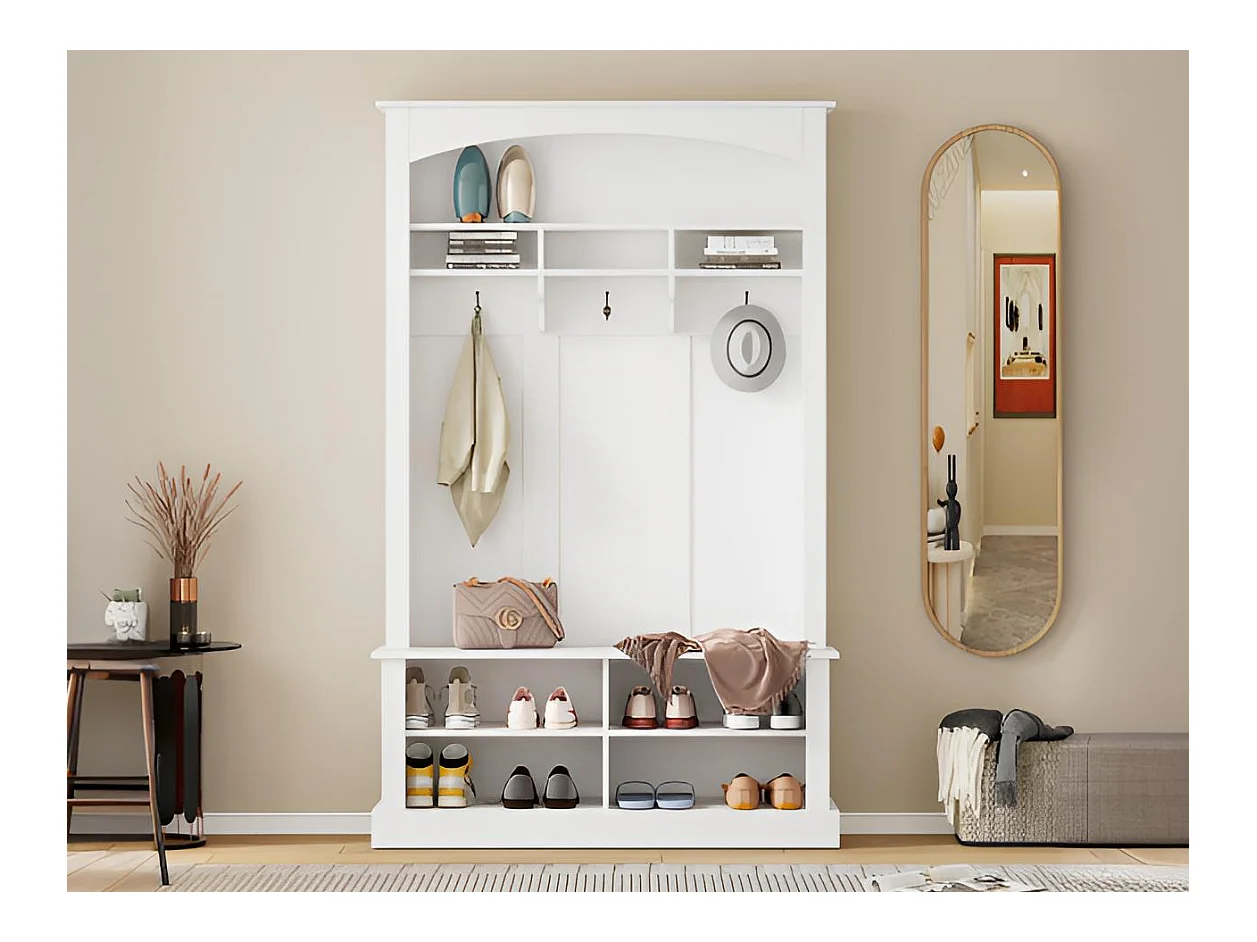 Vestiaire d'entrée avec porte-manteau et banc de rangement à chaussures - 120x40x190 cm - Blanc