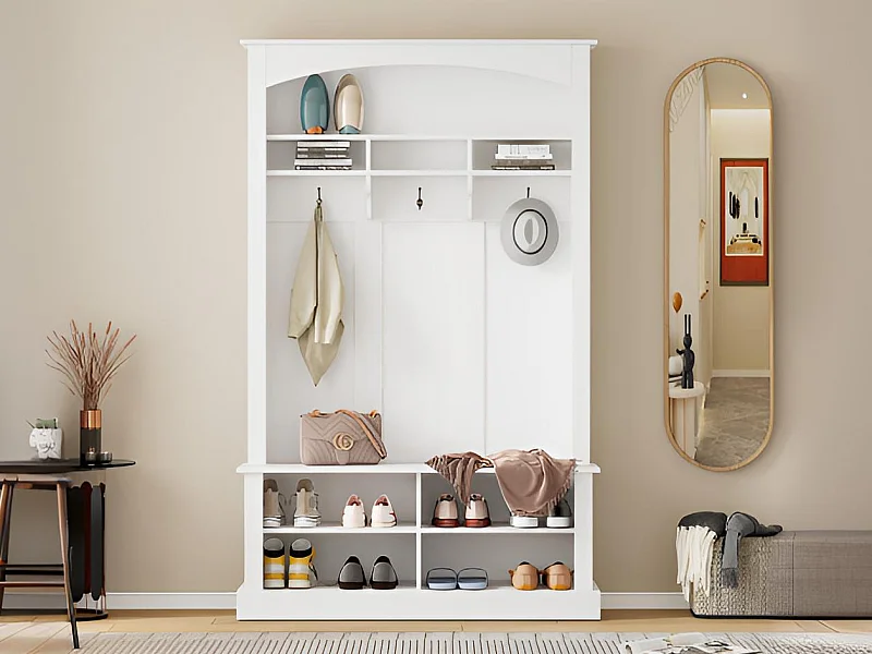 Vestiaire d'entrée avec porte-manteau et banc de rangement à chaussures - 120x40x190 cm - Blanc