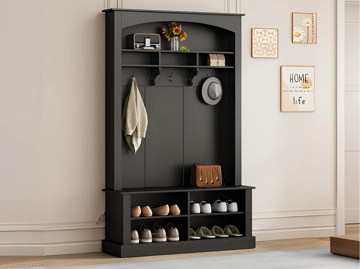 Vestiaire d'entrée avec porte-manteau et banc de rangement à chaussures - 120x40x190 cm - Noir