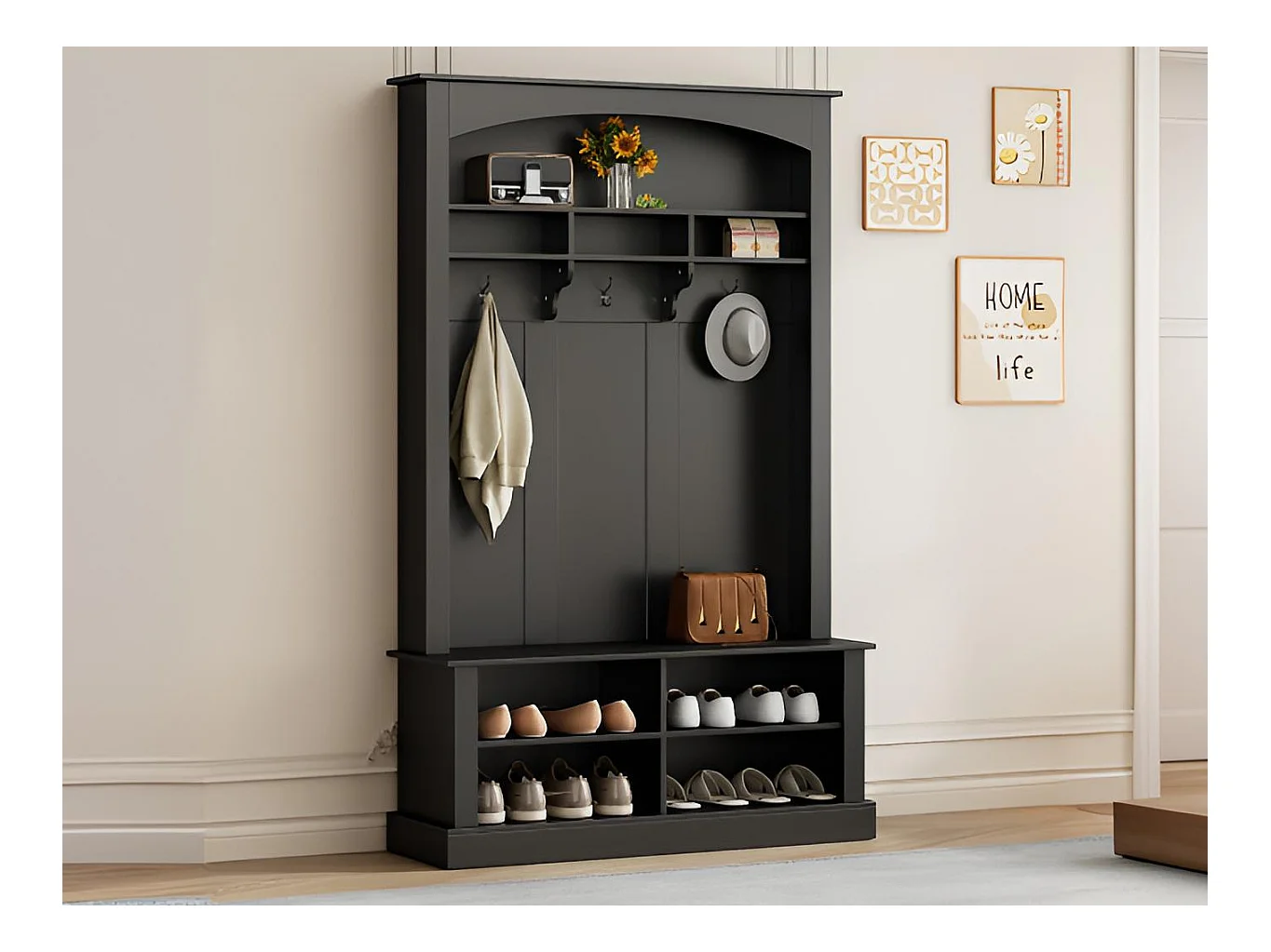 Entreegarderobe met kapstok en schoenenopbergbank - 120x40x190 cm - Zwart
