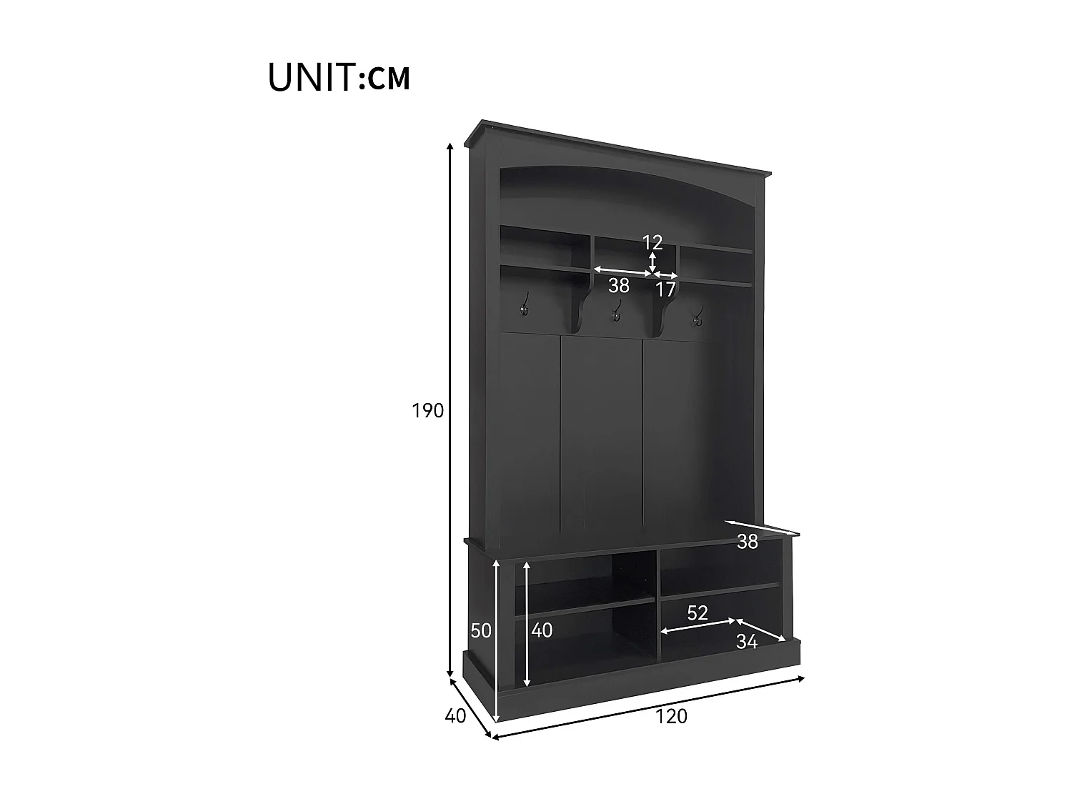 Vestiaire d'entrée avec porte-manteau et banc de rangement à chaussures - 120x40x190 cm - Noir