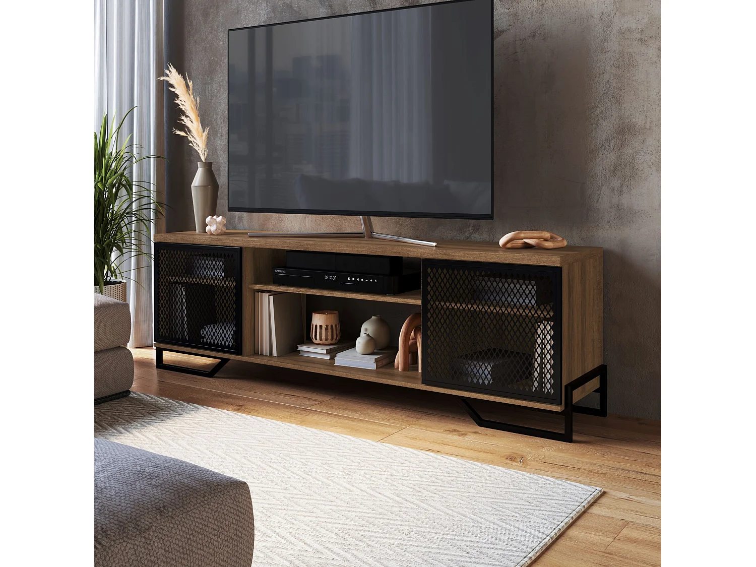 Mesa Television Estilo Industrial Con Estantes Negro-Miel