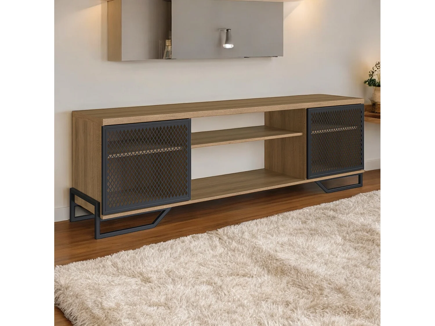 Mesa Television Estilo Industrial Con Estantes Negro-Miel