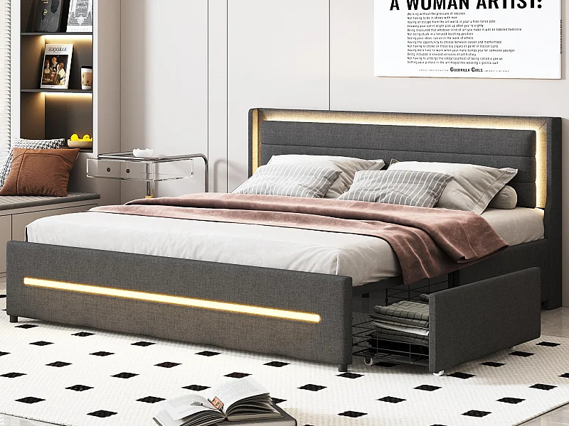 Gepolstertes Doppelbett 180x200cm aus Leinen – mit 4 Schubladen und LED-Beleuchtung – mit Lattenrost – Grau