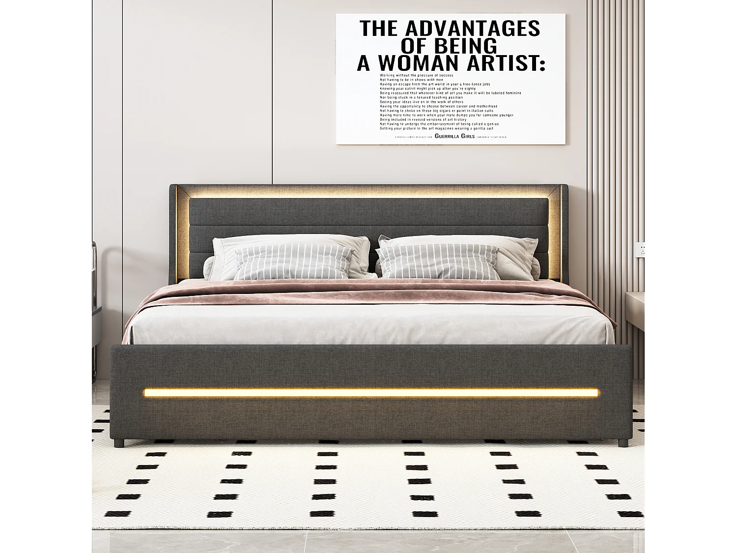 Lit double rembourré 180x200cm en lin - avec 4 tiroirs et éclairage LED - avec sommier à lattes - Gris