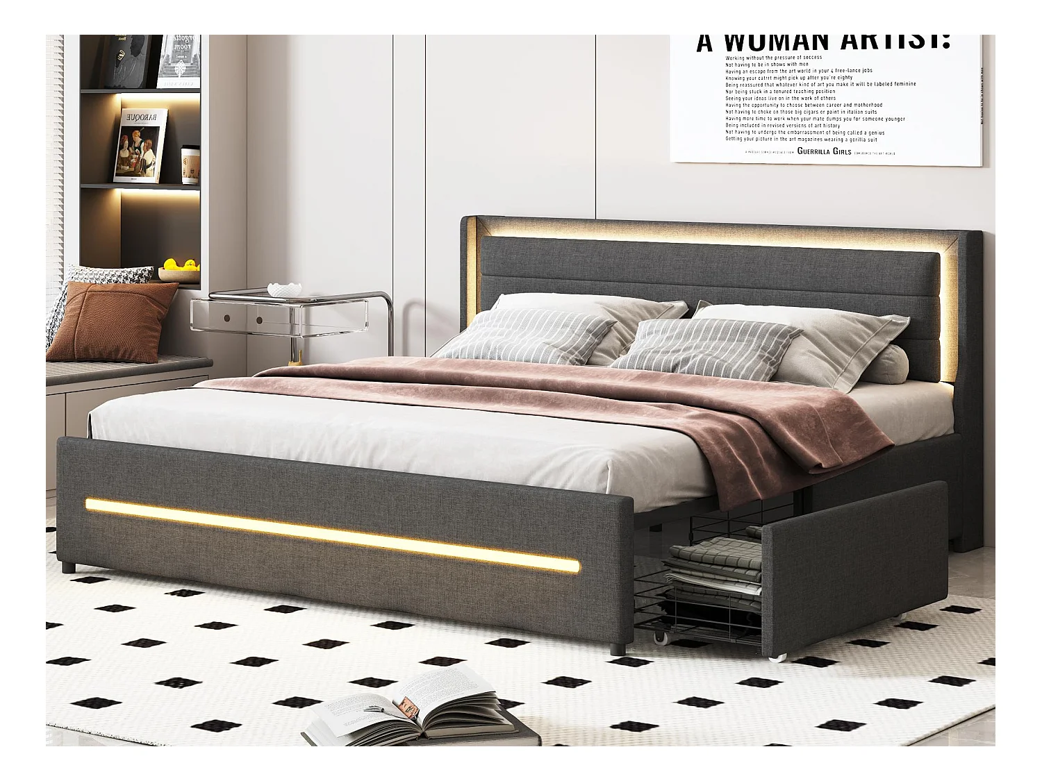 Lit double rembourré 180x200cm en lin - avec 4 tiroirs et éclairage LED - avec sommier à lattes - Gris