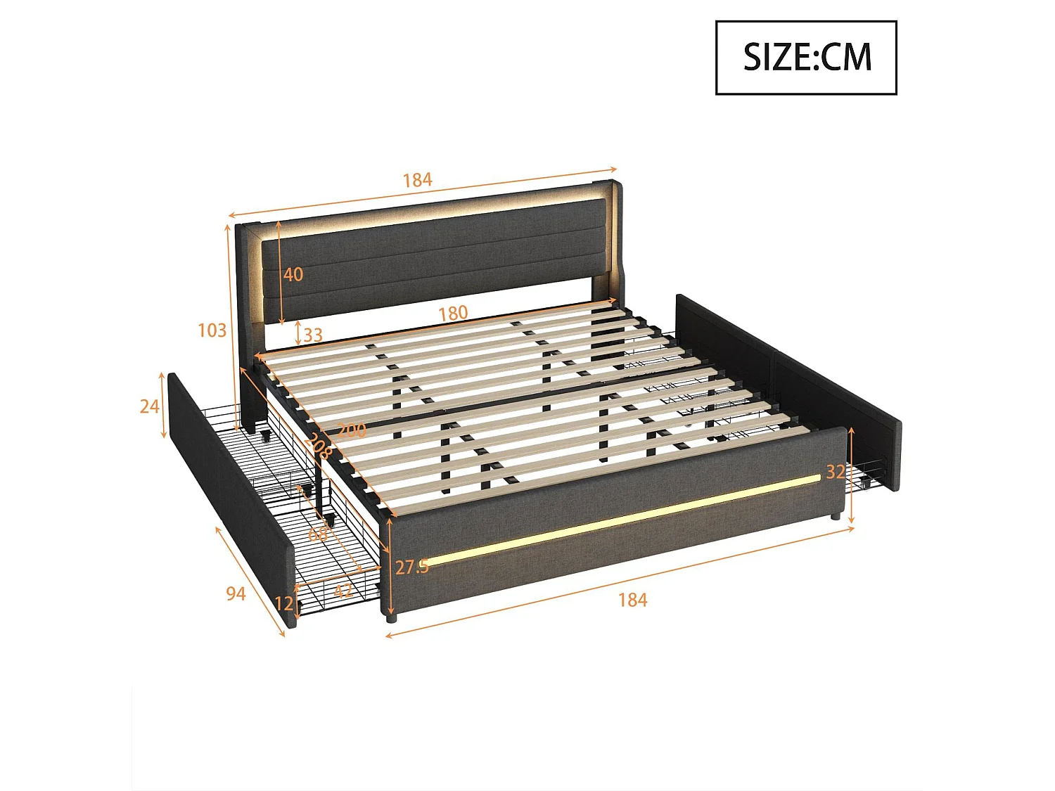 Lit double rembourré 180x200cm en lin - avec 4 tiroirs et éclairage LED - avec sommier à lattes - Gris