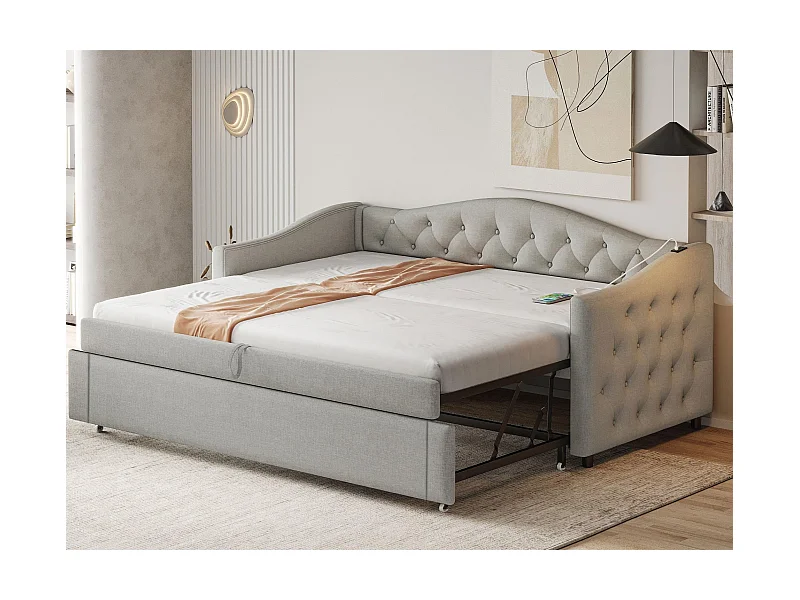Lit gigogne 90x200cm & 90x190cm en lin - avec port USB et sommier à lattes - Gris
