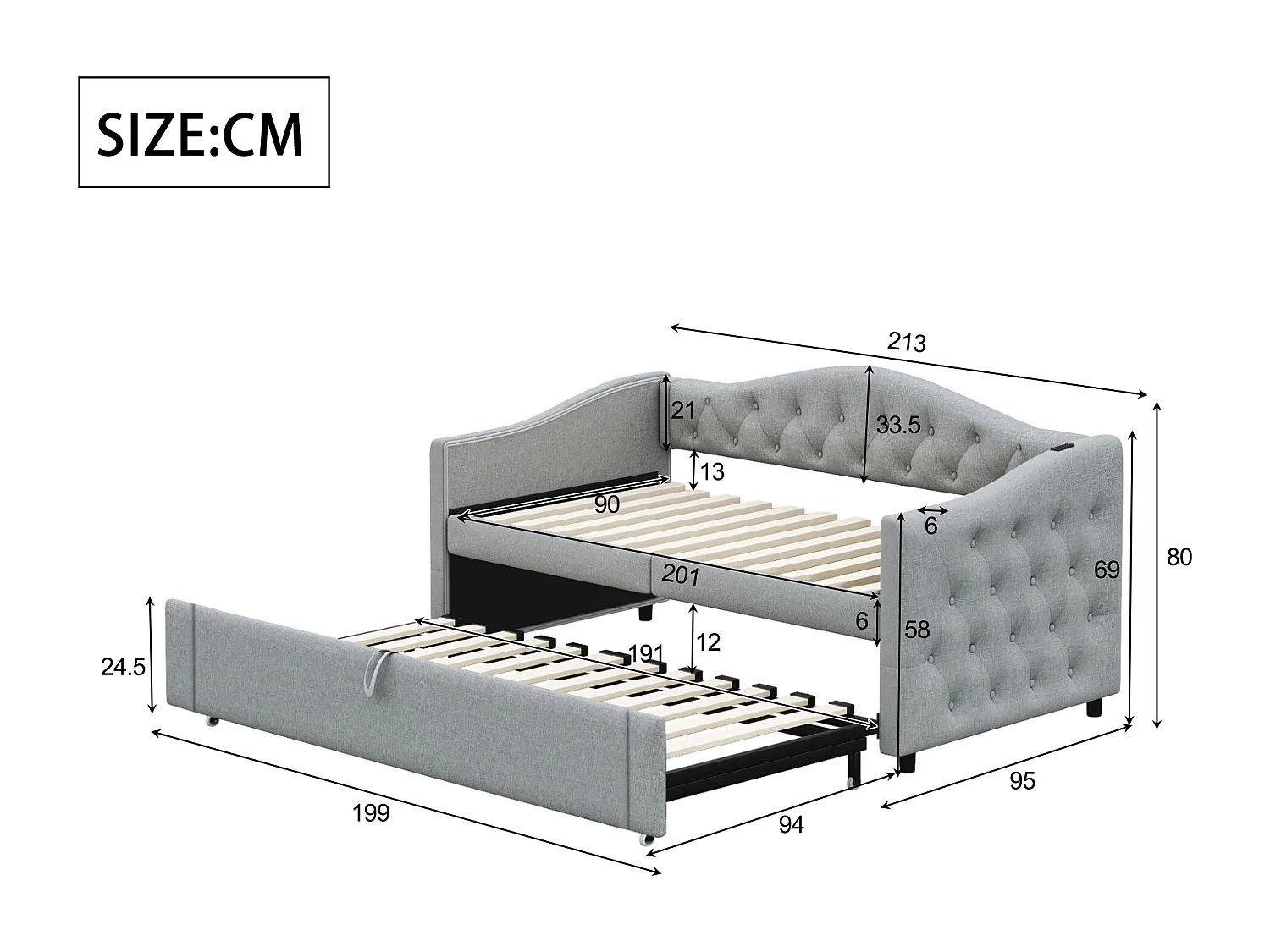 Lit gigogne 90x200cm & 90x190cm en lin - avec port USB et sommier à lattes - Gris