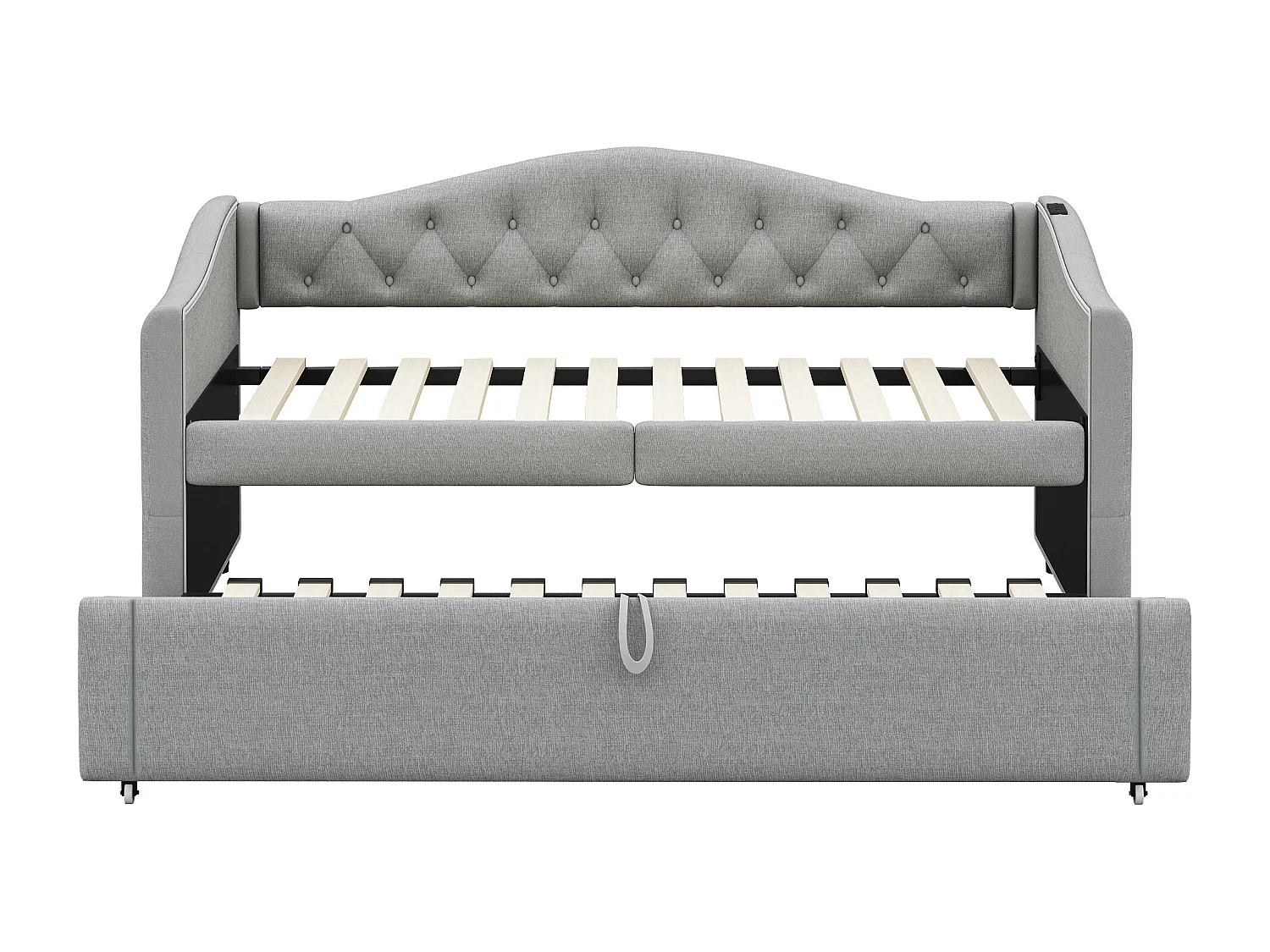 Lit gigogne 90x200cm & 90x190cm en lin - avec port USB et sommier à lattes - Gris