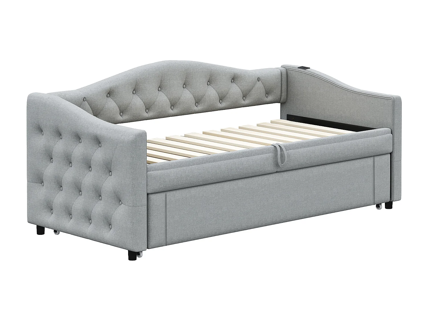 Lit gigogne 90x200cm & 90x190cm en lin - avec port USB et sommier à lattes - Gris